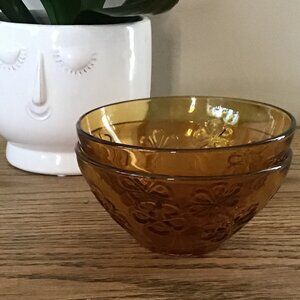 Vereco  Pair of 2 Amber Glass Flower / Floral Embossed Bowls